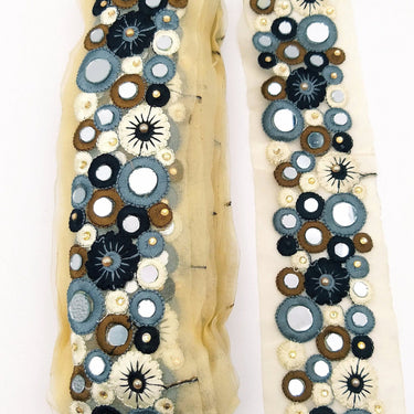 Gold Sheer Tissue Fabric Trim With Grey And Black Circles and Floral Embroidery With Mirror Embellishments, Indian Mirrored Trim